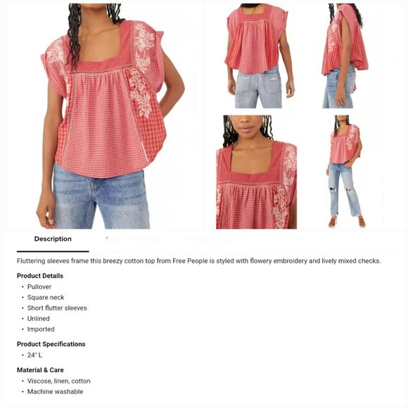 'FREE PEOPLE' 'BEĹĹA' EMBROIDED SQUARE-NECK PEASANT TOP FLUTTER-SLEEVE GINGHAM - Picture 15 of 16